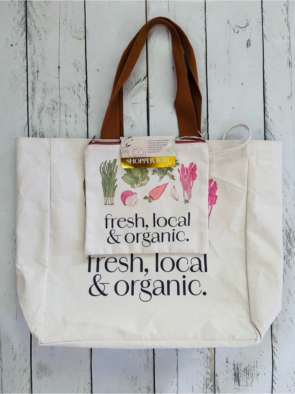 Cream Canvas Tote with Brown Handles and Pink/Green Print